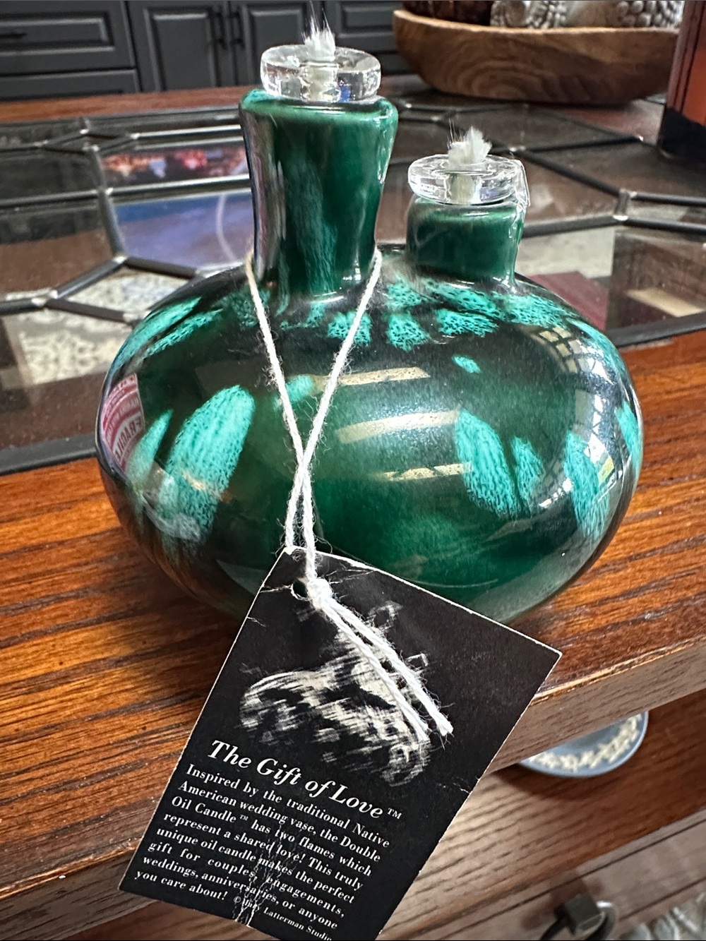 Mary Latterman Green Pottery Double Oil Candle - Signed by Artist